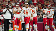 Chiefs quarterback Patrick Mahomes (15) screams in celebration of a touchdown against the Cardinals during a preseason game at State Farm Stadium on Aug. 9, 2025, in Glendale.