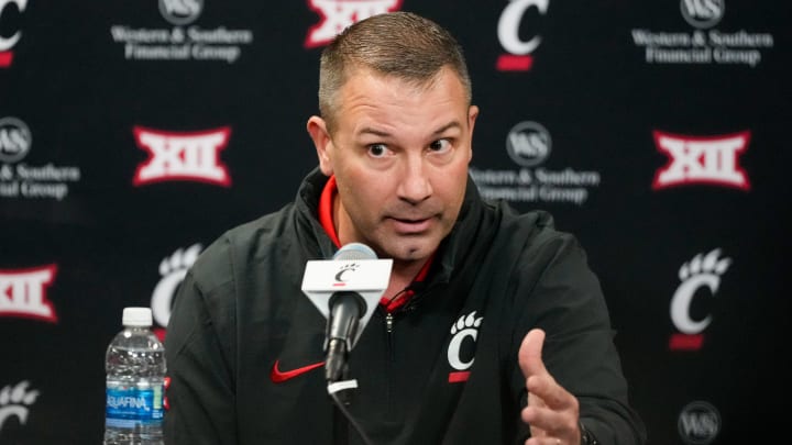 New University of Cincinnati football defensive coordinator Tyson Veidt speaks during a press conference at Fifth Third Arena in Cincinnati on Monday, Jan. 29, 2024. Veidt comes to UC from Iowa State.