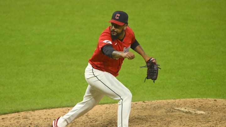 Cleveland Guardians relief pitcher Emmanuel Clase (48) follows through on a pitch in the ninth inning against the Chicago Cubs at Progressive Field on Aug 13.