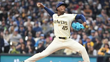 Apr 28, 2024; Milwaukee, Wisconsin, USA; Milwaukee Brewers pitcher Abner Uribe (45) delivers a pitch against the New York Yankees in the sixth inning against the New York Yankees at American Family Field. Mandatory Credit: Michael McLoone-USA TODAY Sports