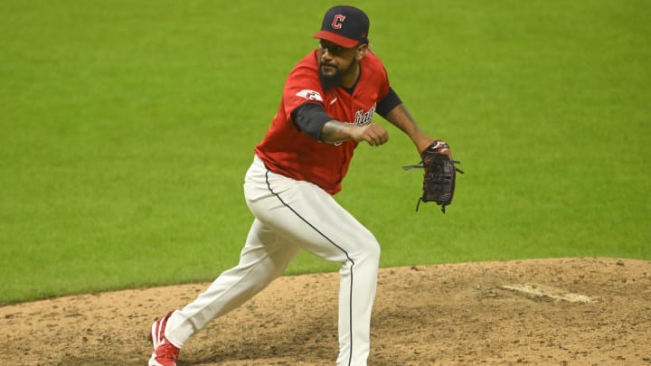 Aug 13, 2024; Cleveland, Ohio, USA; Cleveland Guardians relief pitcher Emmanuel Clase (48) follows through on a pitch in the ninth inning against the Chicago Cubs at Progressive Field. Mandatory Credit: David Richard-USA TODAY Sports