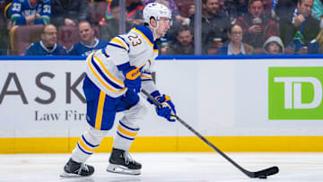 Jan 21, 2025; Vancouver, British Columbia, CAN; Buffalo Sabres defenseman Mattias Samuelsson (23) handles the puck against the Vancouver Canucks in the second period at Rogers Arena. Mandatory Credit: Bob Frid-Imagn Images