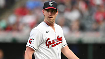 Jun 23, 2023; Cleveland, Ohio, USA; Cleveland Guardians starting pitcher Shane Bieber (57) walks off the field after giving up a three run home run during the sixth inning against the Milwaukee Brewers at Progressive Field. Mandatory Credit: Ken Blaze-Imagn Images