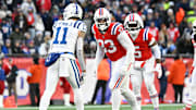Dec 1, 2024; Foxborough, Massachusetts, USA; New England Patriots linebacker Anfernee Jennings (33) lines up against Indianapolis Colts wide receiver Michael Pittman Jr. (11) during the second half at Gillette Stadium. Mandatory Credit: Eric Canha-Imagn Images