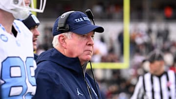 Nov 23, 2024; Chestnut Hill, Massachusetts, USA; North Carolina Tar Heels head coach Mack Brown looks on during the second half against the Boston College Eagles at Alumni Stadium. Mandatory Credit: Eric Canha-Imagn Images