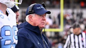 Nov 23, 2024; Chestnut Hill, Massachusetts, USA; North Carolina Tar Heels head coach Mack Brown looks on during the second half against the Boston College Eagles at Alumni Stadium. Mandatory Credit: Eric Canha-Imagn Images