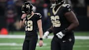 Nov 23, 2025; New Orleans, Louisiana, USA; New Orleans Saints place kicker Blake Grupe (19) reacts after missing a field goal against the Atlanta Falcons during the first half at Caesars Superdome. Mandatory Credit: Matthew Hinton-Imagn Images