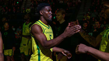Jan 2, 2025; Eugene, Oregon, USA; Oregon Ducks guard TJ Bamba (5) is introduced before the game against the Illinois Fighting Illini at Matthew Knight Arena.