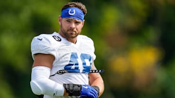 Indianapolis Colts linebacker Joe Bachie (48) walks onto the field Monday, Aug. 11, 2025, during Indianapolis Colts Training Camp at Grand Park in Westfield.