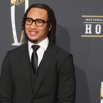 Feb 8, 2024; Las Vegas, NV, USA; CJ Stroud on the red carpet before the NFL Honors show at Resorts World Theatre. Mandatory Credit: Kirby Lee-USA TODAY Sports