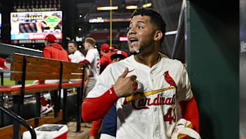 Aug 25, 2025; St. Louis, Missouri, USA;  St. Louis Cardinals designated hitter Willson Contreras (40) yells from the dugout  after he was ejected by umpire Derek Thomas (not pictured) during the seventh inning against the Pittsburgh Pirates at Busch Stadium. Mandatory Credit: Jeff Curry-Imagn Images
