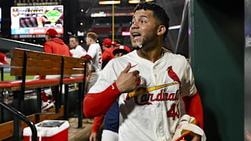 Aug 25, 2025; St. Louis, Missouri, USA;  St. Louis Cardinals designated hitter Willson Contreras (40) yells from the dugout  after he was ejected by umpire Derek Thomas (not pictured) during the seventh inning against the Pittsburgh Pirates at Busch Stadium. Mandatory Credit: Jeff Curry-Imagn Images