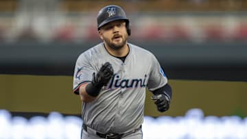 Sep 25, 2024; Minneapolis, Minnesota, USA; Miami Marlins designated hitter Jake Burger (36) celebrates after hitting a three-run home run against the Minnesota Twins in the first inning at Target Field. Mandatory Credit: Jesse Johnson-Imagn Images