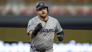 Sep 25, 2024; Minneapolis, Minnesota, USA; Miami Marlins designated hitter Jake Burger (36) celebrates after hitting a three-run home run against the Minnesota Twins in the first inning at Target Field. Mandatory Credit: Jesse Johnson-Imagn Images