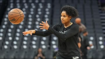 Oct 9, 2022; Sacramento, California, USA; Sacramento Kings assistant coach Lindsey Harding before the game against the Portland Trail Blazers at Golden 1 Center. Mandatory Credit: Darren Yamashita-USA TODAY Sports