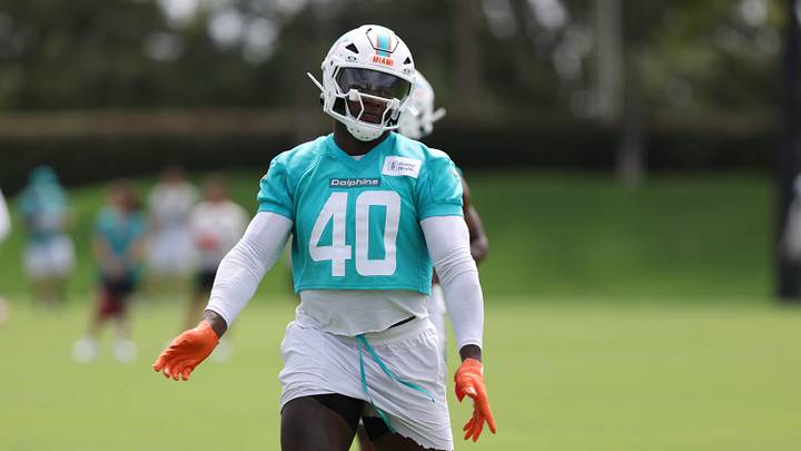 Jun 2, 2026; Miami Gardens, FL, USA; Miami Dolphins linebacker Willie Gay Jr. (40) doing drills at mini camp at Baptist Health Training Complex. Mandatory Credit: Isabella Frias-Imagn Images