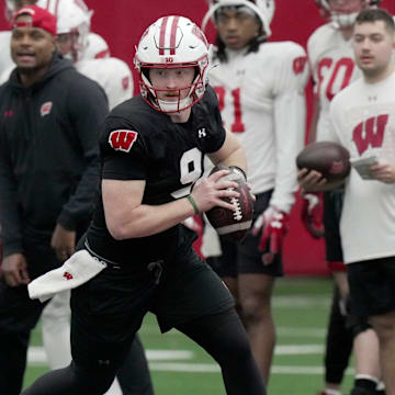 Wisconsin quarterback Billy Edwards Jr. (9) is shown during spring football practice Thursday, April 3, 2025 in Madison, Wisconsin. Mark Hoffman/Milwaukee Journal Sentinel