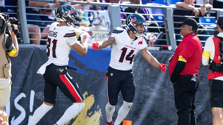 Houston Texans rookie wide receiver Jaylin Noel celebrates in the end zone after scoring the first touchdown of his NFL career