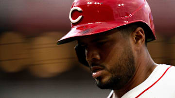 Cincinnati Reds first baseman Jeimer Candelario (3) returns to the dugout after hitting a pop fly in the fourth inning of the MLB game between the Cincinnati Reds and the St. Louis Cardinals at Great American Ball Park in Cincinnati on Tuesday, Aug. 13, 2024.