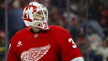 Dec 23, 2024; Detroit, Michigan, USA;  Detroit Red Wings goaltender Cam Talbot (39) looks on in the third period against the St. Louis Blues at Little Caesars Arena. Mandatory Credit: Rick Osentoski-Imagn Images