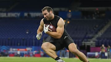 Feb 27, 2025; Indianapolis, IN, USA; Notre Dame linebacker Jack Kiser (LB12) participates in drills during the 2025 NFL Combine at Lucas Oil Stadium. Mandatory Credit: Kirby Lee-Imagn Images