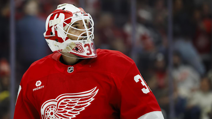 Dec 23, 2024; Detroit, Michigan, USA;  Detroit Red Wings goaltender Cam Talbot (39) looks on in the third period against the St. Louis Blues at Little Caesars Arena. Mandatory Credit: Rick Osentoski-Imagn Images