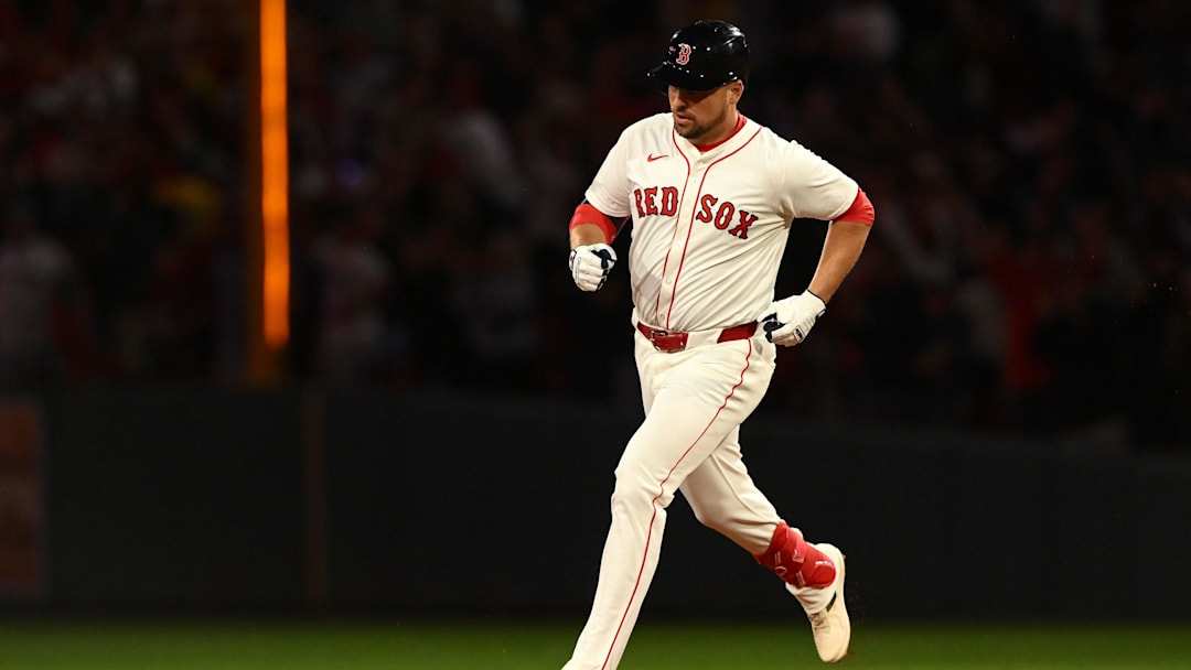 Aug 19, 2025; Boston, Massachusetts, USA; Boston Red Sox first baseman Nathaniel Lowe (37) runs the bases after hitting a two-run home run against the Baltimore Orioles during the ninth inning at Fenway Park. 