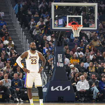 Jan 25, 2025; San Francisco, California, USA; Los Angeles Lakers forward LeBron James (23) during the first quarter against the Golden State Warriors at Chase Center. Mandatory Credit: Darren Yamashita-Imagn Images