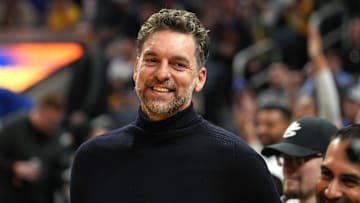 Jan 27, 2024; San Francisco, California, USA; Los Angeles Lakers former player Pau Gasol stands courtside before the game against the Golden State Warriors at Chase Center. Mandatory Credit: Darren Yamashita-Imagn Images