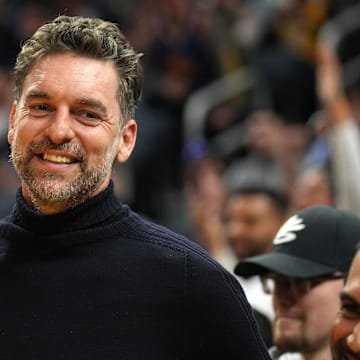 Jan 27, 2024; San Francisco, California, USA; Los Angeles Lakers former player Pau Gasol stands courtside before the game against the Golden State Warriors at Chase Center. Mandatory Credit: Darren Yamashita-Imagn Images