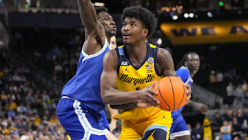 Feb 18, 2025; Milwaukee, Wisconsin, USA;  Marquette Golden Eagles' Kam Jones (1) looks to shoot during the second half against the Seton Hall Pirates at Fiserv Forum. Mandatory Credit: Jeff Hanisch-Imagn Images