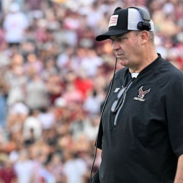 Sep 27, 2025; Chestnut Hill, Massachusetts, USA; Boston College Eagles head coach Bill O'Brien on the sideline during the second half against the California Golden Bears at Alumni Stadium. Mandatory Credit: Eric Canha-Imagn Images