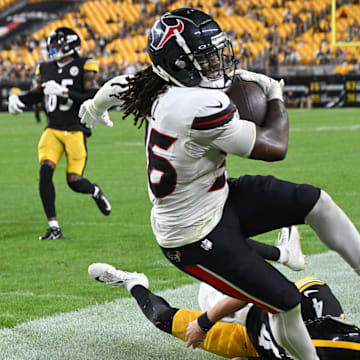 Aug 9, 2024; Pittsburgh, Pennsylvania, USA;  Houston Texans safety Brandon Hill (36) is knocked out of bounds on a return by Pittsburgh Steelers quarterback Kyle Allen during the fourth quarter at Acrisure Stadium. Mandatory Credit: Barry Reeger-Imagn Images