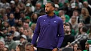 Apr 11, 2025; Boston, Massachusetts, USA; Charlotte Hornets head coach Charles Lee looks on during the first half against the Boston Celtics at TD Garden. Mandatory Credit: Eric Canha-Imagn Images