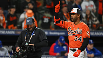 Oct 8, 2023; Baltimore, Maryland, USA; Baltimore Orioles center fielder Aaron Hicks (34) celebrates