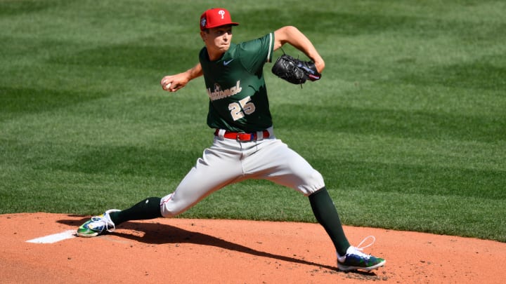 Jul 8, 2023; Seattle, Washington, USA; National League Futures starting pitcher Mick Abel (25) of the Philadelphia Phillies pitches to the American League during the first inning of the All Star-Futures game at T-Mobile Park