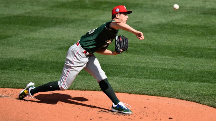 Jul 8, 2023; Seattle, Washington, USA; National League Futures starting pitcher Mick Abel (25) of the Philadelphia Phillies pitches to the American League during the first inning of the All Star-Futures game at T-Mobile Park