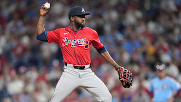 Atlanta Braves infielder Vidal Brujan (17) throws a pitch against the Philadelphia Phillies in the eighth inning at Citizens Bank Park.