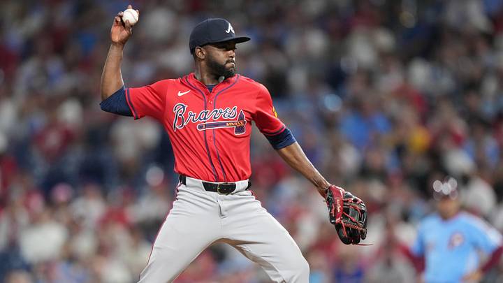 Atlanta Braves infielder Vidal Brujan (17) throws a pitch against the Philadelphia Phillies in the eighth inning at Citizens Bank Park.