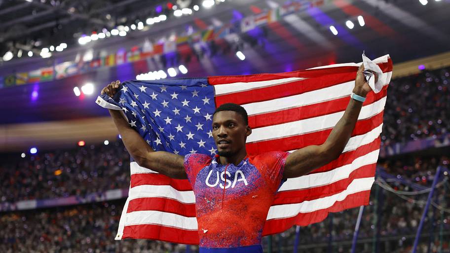 Fred Kerley celebrates after winning bronze in the men’s 100m final during the Paris 2024 Olympic Summer Games.
