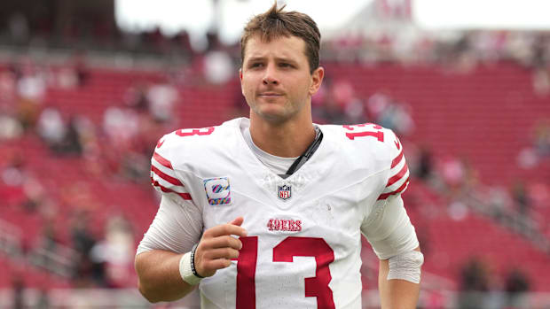 San Francisco 49ers quarterback Brock Purdy coming off the field