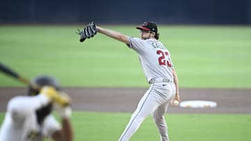 Jul 7, 2025; San Diego, California, USA; Arizona Diamondbacks starting pitcher Zac Gallen (23) delivers during the first inning against the San Diego Padres at Petco Park. Mandatory Credit: Denis Poroy-Imagn Images