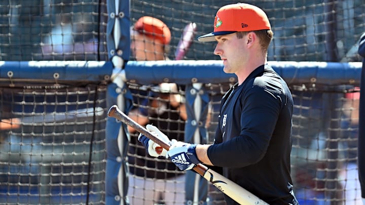 Feb 24, 2026; North Port, Florida, USA; Detroit Tigers shortstop Kevin McGonigle (85) prepares to take batting practice before the game against the Atlanta Braves during spring training at CoolToday Park. Mandatory Credit: Jonathan Dyer-Imagn Images