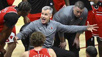 Oct 8, 2024; Cleveland, Ohio, USA; Chicago Bulls head coach Billy Donovan reacts in the fourth quarter against the Cleveland Cavaliers at Rocket Mortgage FieldHouse. Mandatory Credit: David Richard-Imagn Images