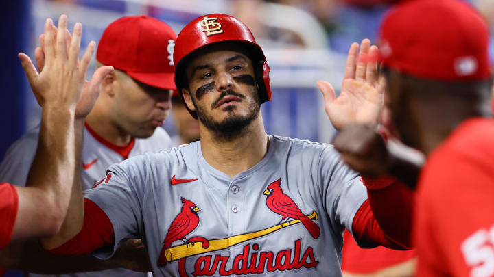 St. Louis Cardinals third baseman Nolan Arenado (28) celebrates after scoring against the Miami Marlins during the second inning at loanDepot Park on June 19.