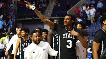 Feb 15, 2025; Oxford, Mississippi, USA; Mississippi State Bulldogs forward KeShawn Murphy (3) reacts toward fans after defeating the Mississippi Rebels at The Sandy and John Black Pavilion at Ole Miss. Mandatory Credit: Petre Thomas-Imagn Images