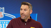 Feb 25, 2025; Indianapolis, IN, USA; Washington Commanders general manager Adam Peters speaks during the NFL Scouting Combine at the Indiana Convention Center. Mandatory Credit: Kirby Lee-Imagn Images