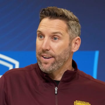Feb 25, 2025; Indianapolis, IN, USA; Washington Commanders general manager Adam Peters speaks during the NFL Scouting Combine at the Indiana Convention Center. Mandatory Credit: Kirby Lee-Imagn Images