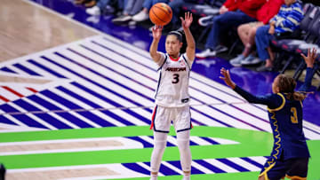 Sumayah Sugapong shooting a 3-point shot against an NAU defender