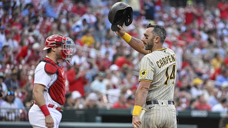 Aug 28, 2023; St. Louis, Missouri, USA;  San Diego Padres designated hitter Matt Carpenter (14)